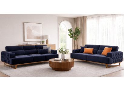 Polstergarnitur 4Sitzer 3Sitzer sofa Stoff Modern Kissen Dunkelblau