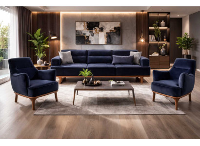 Polstergarnitur 4Sitzer sofa Sessel Stoff Modern Kissen Dunkelblau Neu