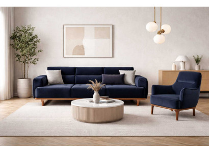 Polstergarnitur 4Sitzer sofa Sessel Stoff Modern Kissen Dunkelblau Neu
