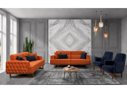 Polstergarnitur 3Sitzer sofa Sessel Modern Kissen Orange Dunkelblau