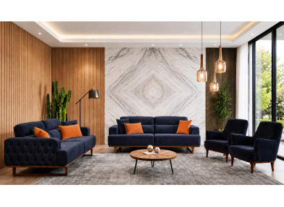Polstergarnitur 3Sitzer sofa Sessel Stoff Modern Kissen Dunkelblau Neu