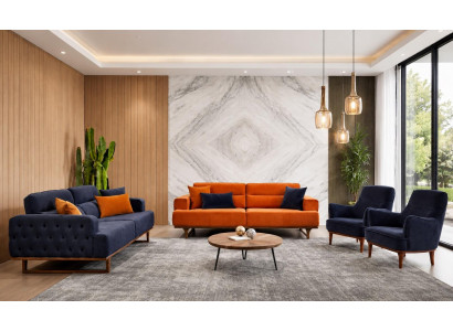 Polstergarnitur 3Sitzer sofa Sessel Stoff Modern Kissen Dunkelblau Neu