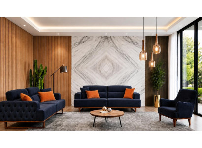 Polstergarnitur 3Sitzer sofa Sessel Stoff Modern Kissen Dunkelblau Neu