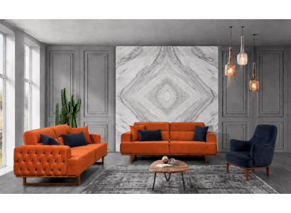 Polstergarnitur 3Sitzer sofa Sessel Stoff Modern Kissen Orange Elegant