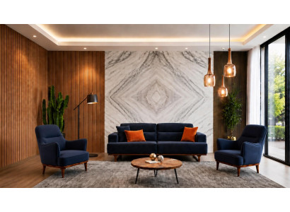 Polstergarnitur 3Sitzer sofa Sessel Stoff Modern Kissen Dunkelblau Neu