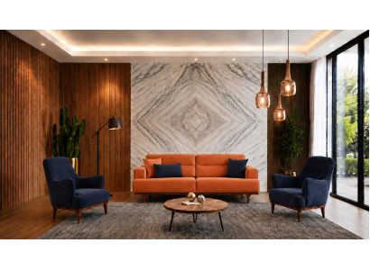 Polstergarnitur 3Sitzer sofa Sessel Stoff Modern Kissen Orange Elegant