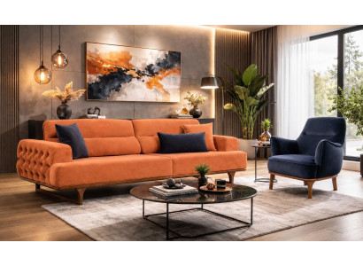 Polstergarnitur 3Sitzer sofa Sessel Stoff Modern Kissen Orange Elegant