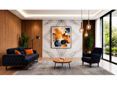 Polstergarnitur 3Sitzer sofa Sessel Stoff Modern Kissen Dunkelblau Neu