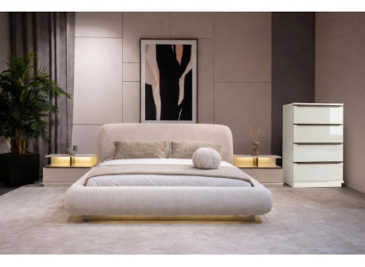 Beige Schlafzimmer Garnitur Exklusives Polsterbett Nachkonsole Kommode