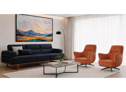 Polstergarnitur 4Sitzer sofa Sessel Modern Kissen Dunkelblau Orange