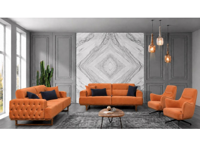 Polstergarnitur 3Sitzer sofa Sessel Modern Kissen Orange Elegant Neu