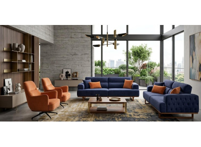 Polstergarnitur 3Sitzer sofa Sessel Modern Kissen Dunkelblau Orange
