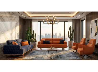 Polstergarnitur 3Sitzer sofa Sessel Orange Modern Kissen Dunkelblau