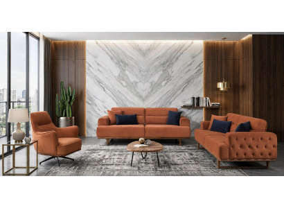 Polstergarnitur 3Sitzer sofa Sessel Stoff Modern Kissen Orange Elegant