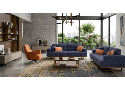 Polstergarnitur 3Sitzer sofa Sessel Stoff Modern Kissen Dunkelblau Neu