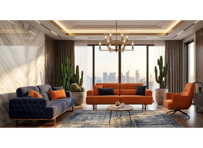 Polstergarnitur 3Sitzer sofa Sessel Modern Kissen Orange Dunkelblau