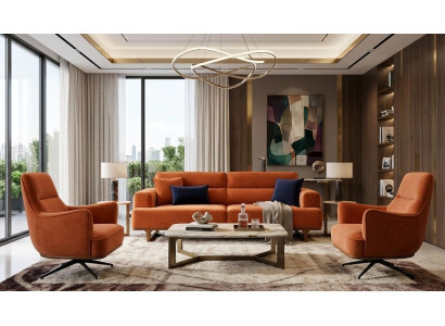 Polstergarnitur 3Sitzer sofa Sessel Stoff Modern Kissen Orange Elegant