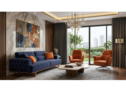 Polstergarnitur 3Sitzer sofa Sessel Orange Modern Kissen Dunkelblau