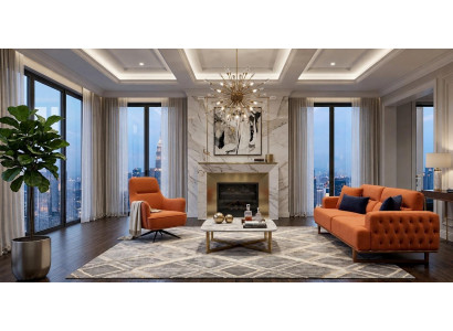 Polstergarnitur 3Sitzer sofa Sessel Stoff Modern Kissen Orange Elegant