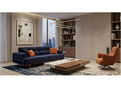 Polstergarnitur 3Sitzer sofa Sessel Modern Kissen Dunkelblau Orange