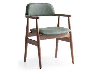 Stuhl Mid Century Grün Braun Leder Holz Retro Edel Armlehnenstuhl Neu