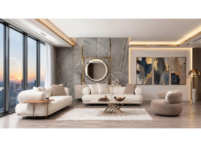 Polstergarnitur 3Sitzer sofa Sessel Stoff Modern Kissen Beige Elegant