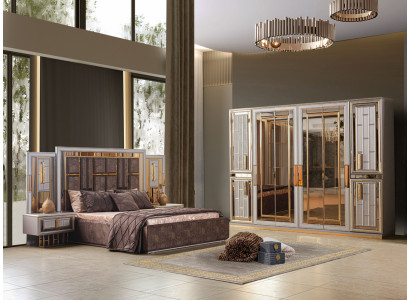 Schlafzimmer Braun Gold Spiegelschrank modernen Stil bequemes Bett