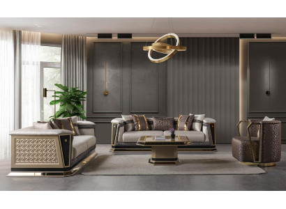 Sofagarnitur grau Wohnzimmer goldfarben Sessel moderner Stil neu