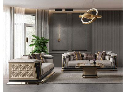 Sofagarnitur grau Wohnzimmer goldfarben neu moderner Stil Couchtisch