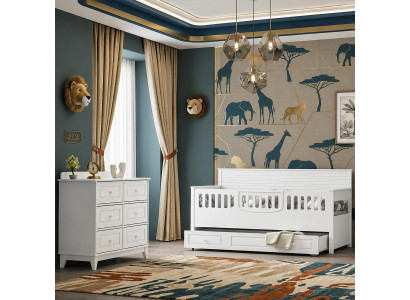 Modernes Kinderzimmer-Set mit Bett und Kommode in klassischem Weiß