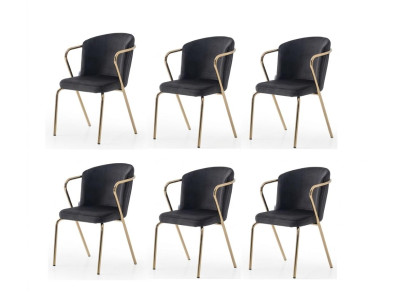 Stuhl-Set 6x Stuhl Bequem Modern Schwarz Goldene Elemente Weich