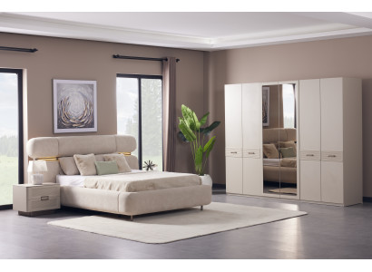 Modernes Schlafzimmer Set Creme Bouclé Komplettbett Kleiderschrank