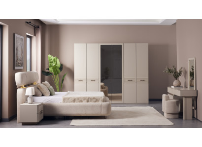 Modernes Schlafzimmer Set Creme Bouclé Komplett Bett Spiegelschrank