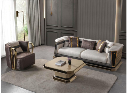 Sofa Sessel Couchtisch beige grau goldfarben Wohnzimmer moderner
