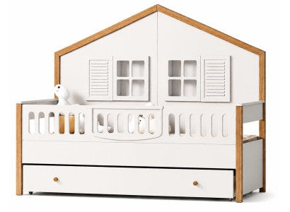 Kinderbett Hausform mit Schublade und gemütlicher Spielzone für Babys