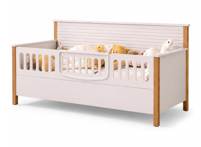 Skandinavisches Kinderbett aus Holz mit weißen Paneelen und Schublade