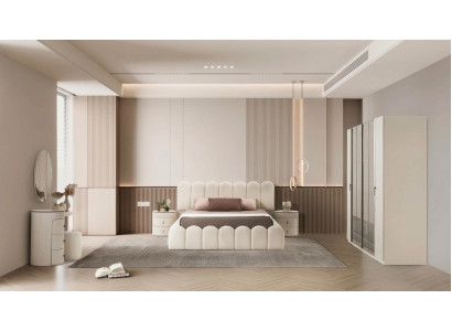 Schlafzimmer Set Bett Nachttisch2x Kommode Kleiderschrank Pouff Neu