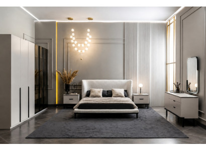 Luxus Designer Schlafzimmer Set Grau Weiß Modern Bett Schrank Kommode