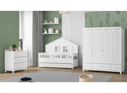 Kinderzimmer Set Weiß mit Hausbett Kleiderschrank und Kommode Lux