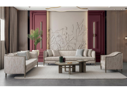 Wohnzimmer Sofagarnitur modern neutraler Bezugsstoff