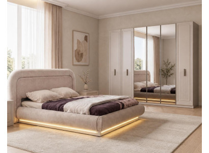 Schlafzimmer Set Beige Modern Komplett Polsterbett Kleiderschrank 6t