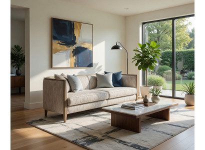 Stilvolles Wohnzimmer Sofa dreisitzig hellbeiger Stoff