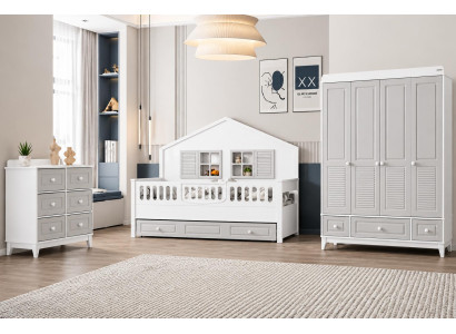 Kinderzimmer Set Weiß Grau mit Kinderbett Kleiderschrank Kommode