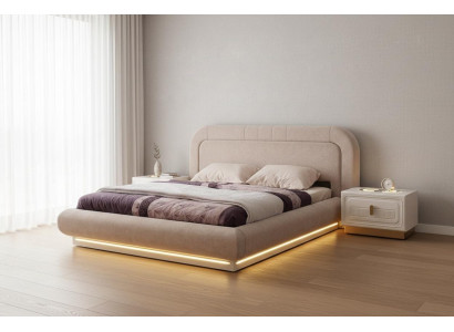 Schlafzimmer Set Beige Modern Elegant LED Bett 2x Nachttische Luxus
