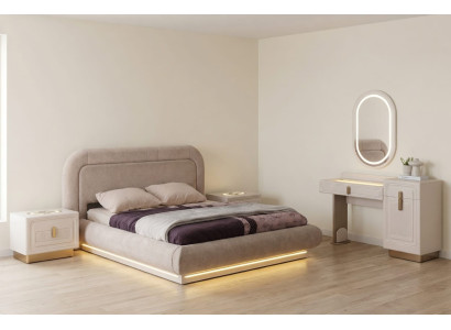 Schlafzimmer Set Beige Modern LED Bett Nachttische Schminktisch Luxus