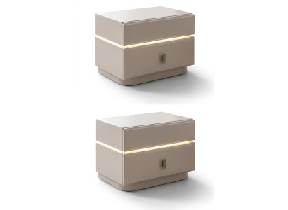 Design 2x Nachttische Set Beige LED Beleuchtung Modern Nachtkommoden