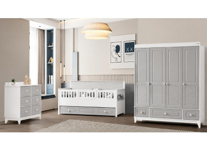Einrichtung Weiß Grau mit Einzelbett Schrank und Schubladenkommode