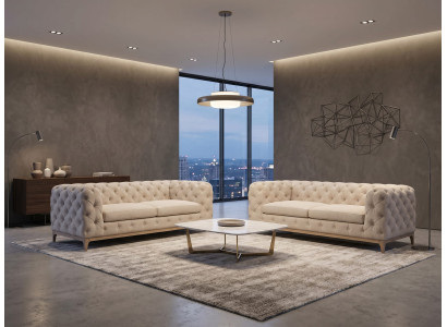 Luxuriöses beiges Wohnzimmer-Set 2,5+2-Sitzer-Sofas Chesterfield gesteppt