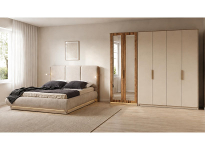 Modernes Skandi Schlafzimmer Set Beige Bett 6-türiger Kleiderschrank