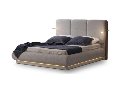 Modernes Skandi Polsterbett Beige Luxus Doppelbett LED Beleuchtung
